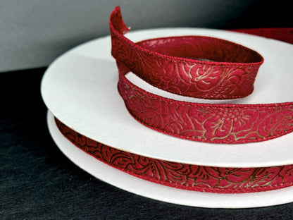 Burgundy Flower Embossed Wired Ribbon - 7/8 Inch x 50 Yards