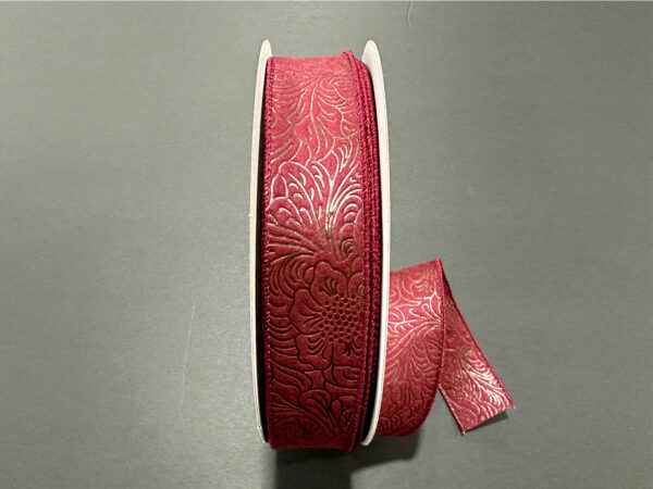 Burgundy Flower Embossed Wired Ribbon - 1-1/2 Inch x 50 Yards