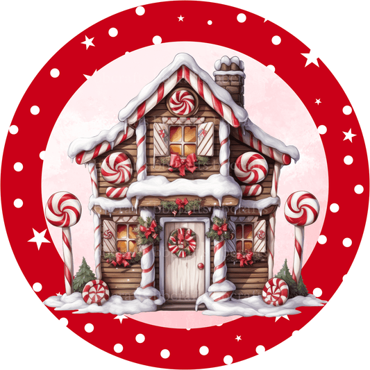 Christmas Metal Sign: CANDYCANE GINGERBREAD HOUSE - Wreath Accent - Made In USA BBCrafts.com