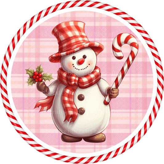 Christmas Metal Sign: CANDYCANE SNOWMAN - Wreath Accent - Made In USA BBCrafts.com