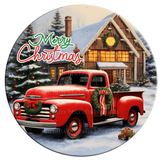 Christmas Metal Sign: MERRY CHRISTMAS TRUCK - Wreath Accents - Made In USA BBCrafts.com