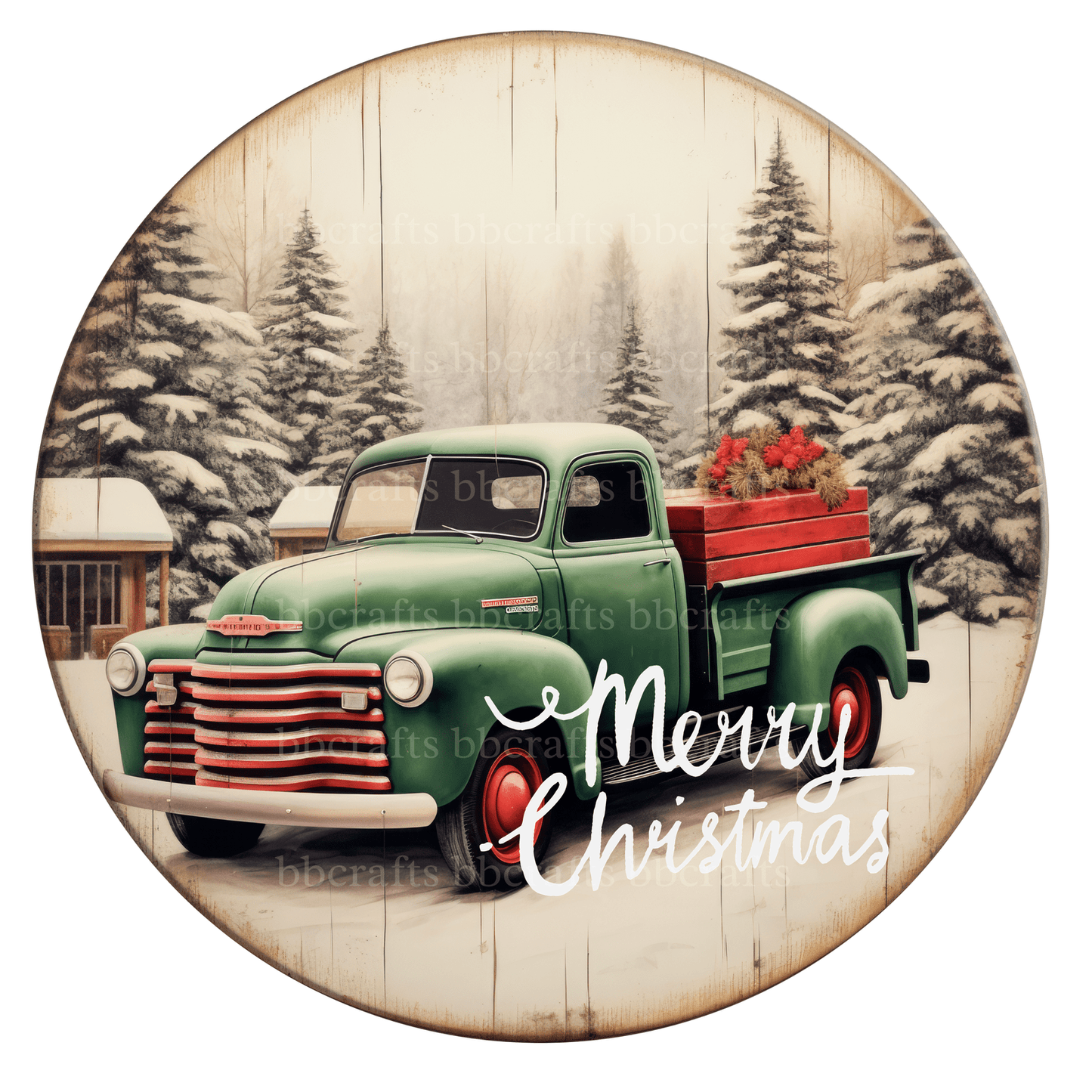 Christmas Metal Sign: MERRY CHRISTMAS TRUCK - Wreath Accents - Made In USA BBCrafts.com