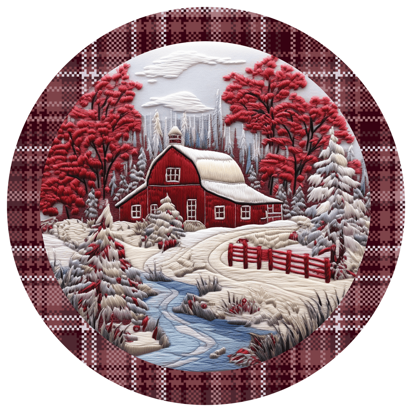 Christmas Metal Sign: WINTER SNOW HOUSE RED - Wreath Accent - Made In USA BBCrafts.com