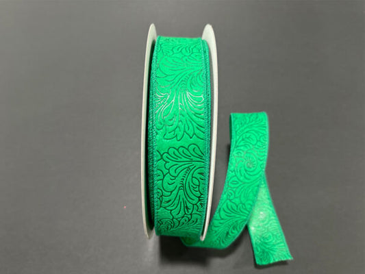 Emerald Flower Embossed Wired Ribbon - 1-1/2 Inch x 50 Yards