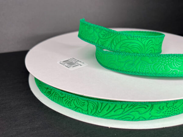 Emerald Flower Embossed Wired Ribbon - 7/8 Inch x 50 Yards