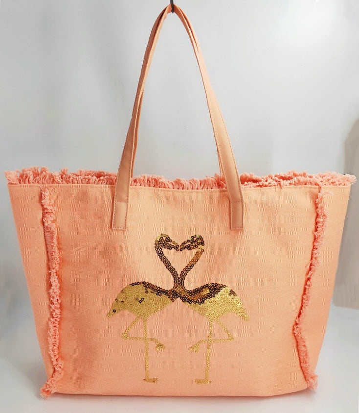 Fashion Beach Tote Bag - Gold Flamingo - 19 Inch x 15 Inch - Women Swim Pool Bag Large Tote BBCrafts.com