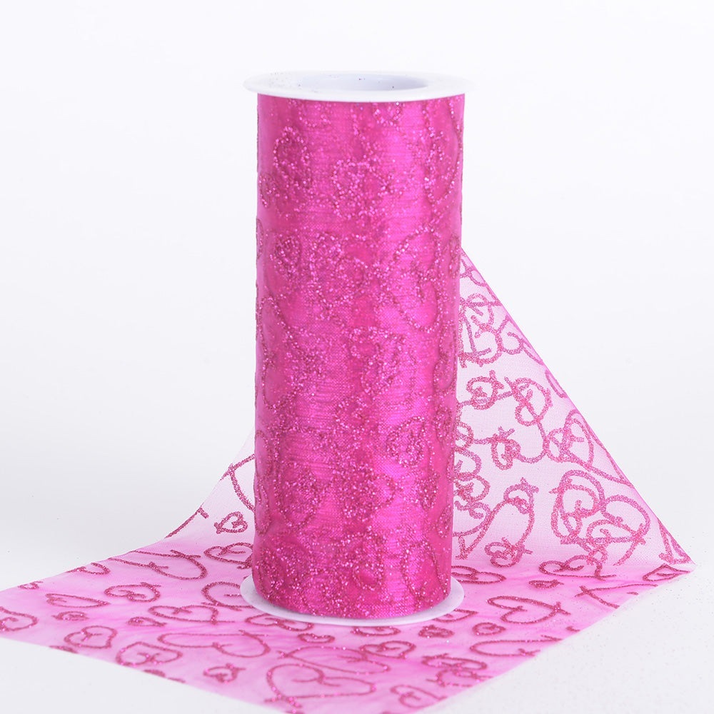 Fuchsia - 6 Inch Glitter Hearts Organza Roll - ( W: 6 Inch | L: 10 Yards ) BBCrafts.com