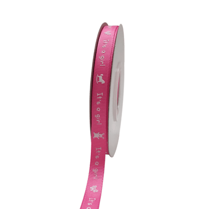 Fuchsia - It's a girl - Grosgrain Ribbon Baby Design ( W: 3/8 Inch | L: 25 Yards ) BBCrafts.com