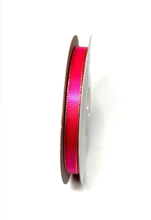 Satin Ribbon Lurex Edge Shocking Pink with Gold Edge ( 1/4 Inch | 50 Yards )