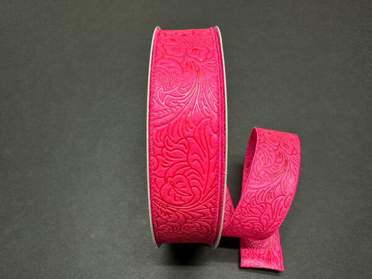 Fuchsia Flower Embossed Wired Ribbon - 1-1/2 Inch x 50 Yards