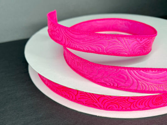 Fuchsia Flower Embossed Wired Ribbon - 7/8 Inch x 50 Yards