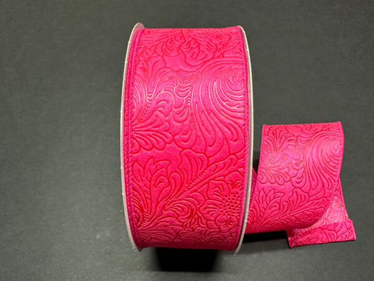 Fuchsia Flower Embossed Wired Ribbon - 2-1/2 Inch x 50 Yards