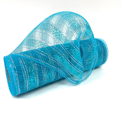 Turquoise - Deco Mesh Eyelash Metallic Stripes - 10 Inch x 10 Yards