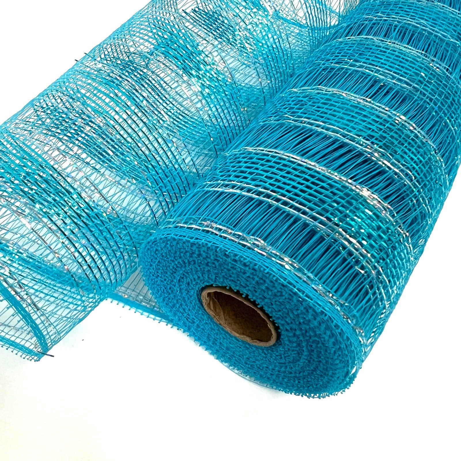 Turquoise - Deco Mesh Eyelash Metallic Stripes - 10 Inch x 10 Yards