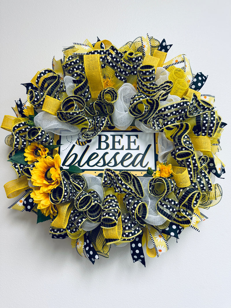 12.5 Inch L x 6 Inch H - Bee Blessed Sign - Yellow Black White - BBCrafts