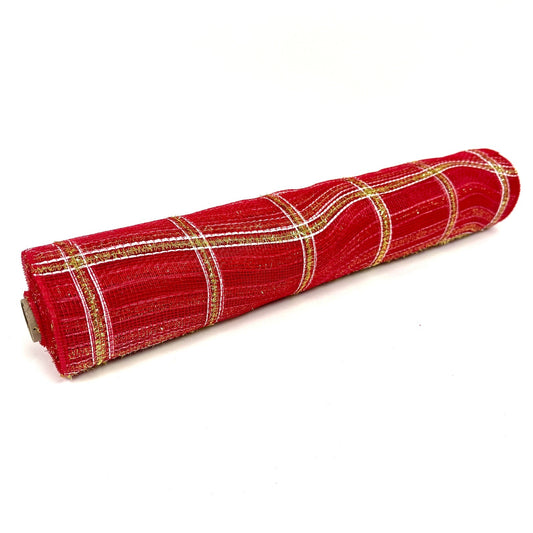 Red - Poly Deco Xmas Check Mesh Metallic Stripe - 21 Inch x 10 Yards