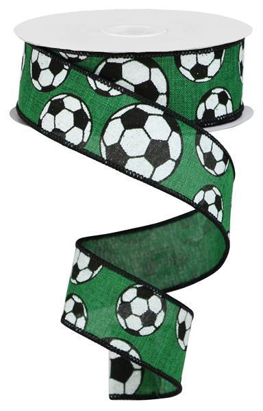 Glitter Soccer Emerald Royal Design Wired Edge Ribbon - ( 1-1/2 Inch | 10 Yards ) BBCrafts.com