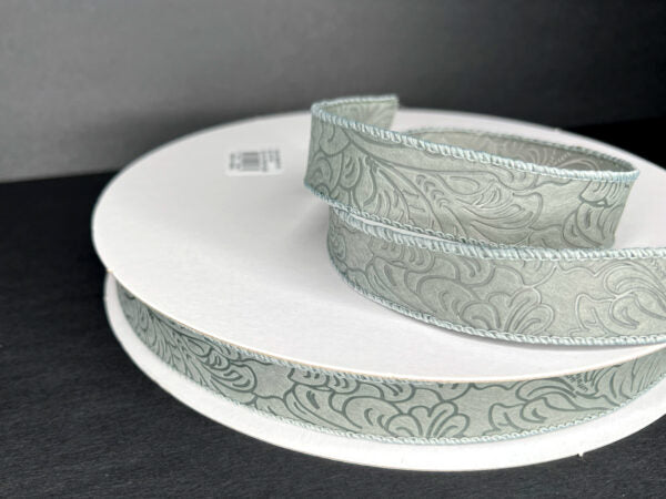 Silver Flower Embossed Wired Ribbon - 7/8 Inch x 50 Yards