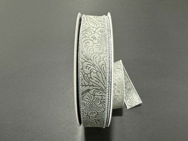 Silver Flower Embossed Wired Ribbon - 1-1/2 Inch x 50 Yards