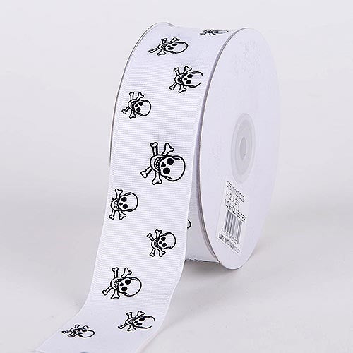 Grosgrain Ribbon Skull Design White with White Black Skull ( 1 - 1/2 Inch | 25 Yards ) BBCrafts.com