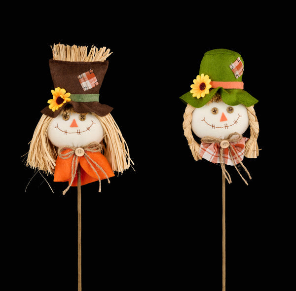 Orange/Brown/Moss - Scarecrow Head Pick with Bow - 2 ASST 15 Inch L