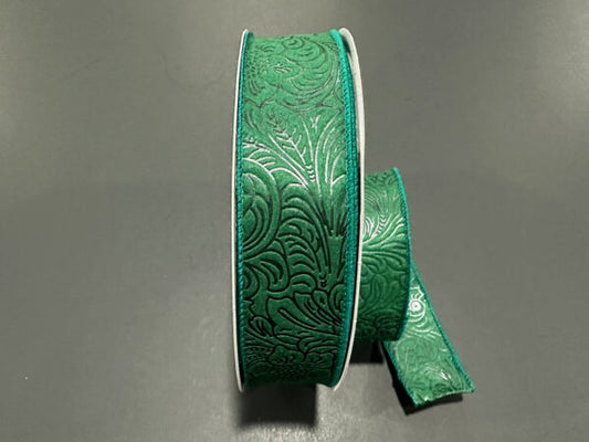 Hunter Green Flower Embossed Wired Ribbon - 1-1/2 Inch x 50 Yards