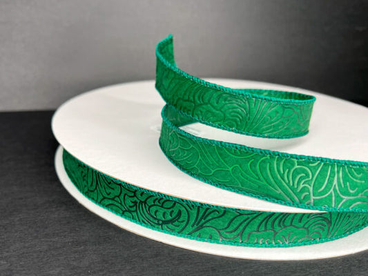 Hunter Green Flower Embossed Wired Ribbon - 7/8 Inch x 50 Yards