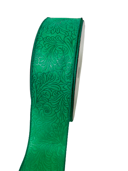 Emerald Flower Embossed Wired Ribbon - 7/8 Inch x 50 Yards