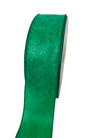 Emerald Flower Embossed Wired Ribbon - 2-1/2 Inch x 50 Yards