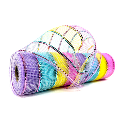 Rainbow Unicorn - Poly Deco Mesh with Laser Mono Stripe - ( 10 Inch x 10 Yards )