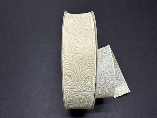 Ivory Flower Embossed Wired Ribbon - 1-1/2 Inch x 50 Yards