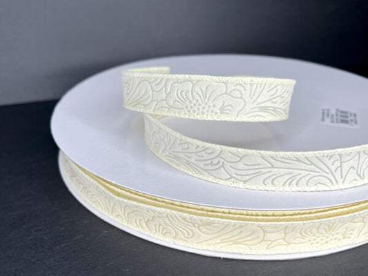 Ivory Flower Embossed Wired Ribbon - 7/8 Inch x 50 Yards