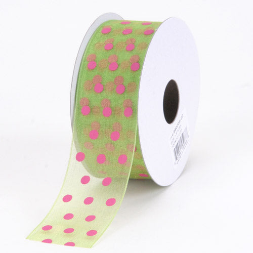 Kiwi with Fuchsia - Organza Polka Dot Ribbon - (W: 1 - 1/2 Inch | L: 25 Yards) BBCrafts.com