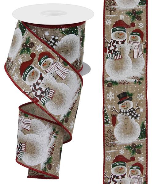 Light Beige Red Green Black White - Snowman with Ornaments Ribbon - ( 2-1/2 Inch | 10 Yards ) BBCrafts.com