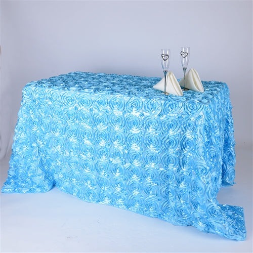 Light Blue 90 Inch x 156 Inch Rectangle Rosette Tablecloths BBCrafts.com