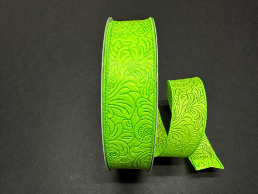 Lime Flower Embossed Wired Ribbon - 1-1/2 Inch x 50 Yards