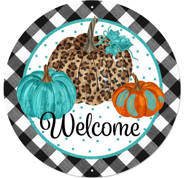 Brown/Tan/Teal/Black/White - Metal/Glitter Welcome/Pumpkins Sign - 12 Inch DIA