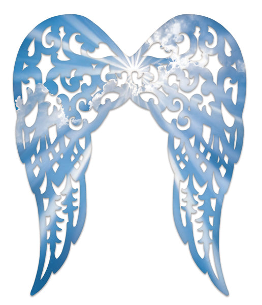 Sky: White/Light Blue/Dark Blue - Filigree Angel Wings - 17.75 Inch H x 14.75 Inch L