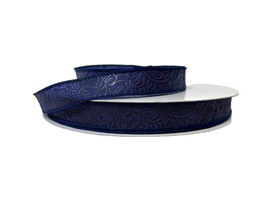 Navy Blue Flower Embossed Wired Ribbon - 1-1/2 Inch x 50 Yards