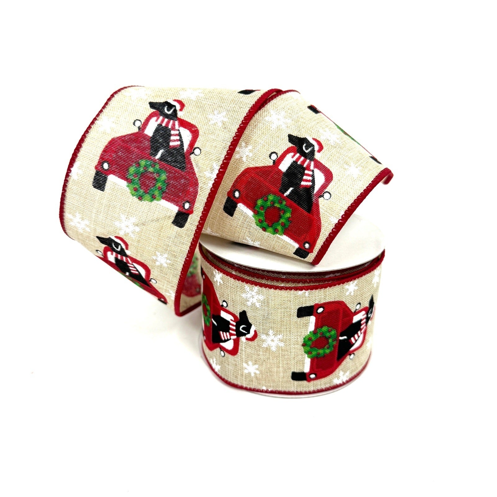 Natural Linen Dog Christmas Truck Wired Ribbon - 2 - 1/2 Inch x 10 Yards BBCrafts.com