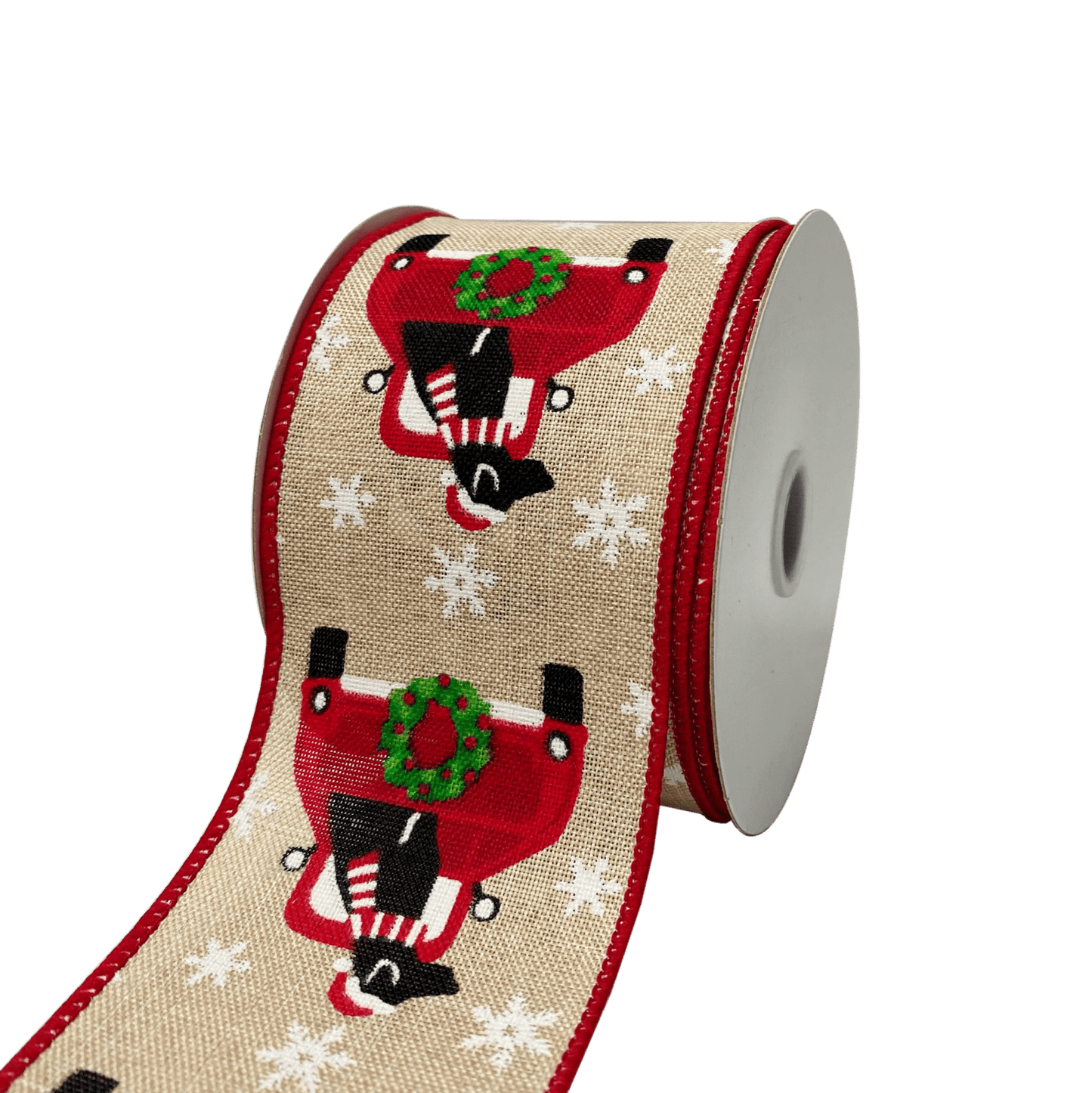 Natural Linen Dog Christmas Truck Wired Ribbon - 2 - 1/2 Inch x 10 Yards BBCrafts.com