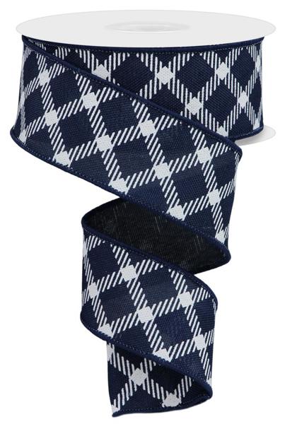 Navy Blue White - Diamnd Check Faux Royal Burlap Ribbon - ( 1-1/2 Inch | 10 Yards ) BBCrafts.com