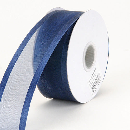 Navy - Organza Ribbon Two Striped Satin Edge - ( 5/8 Inch | 25 Yards ) BBCrafts.com