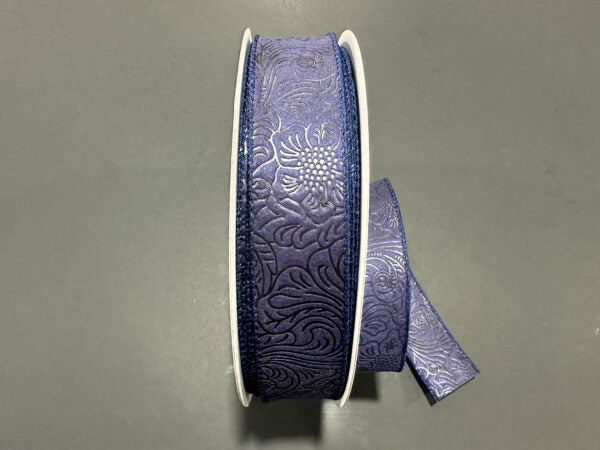 Navy Blue Flower Embossed Wired Ribbon - 2-1/2 Inch x 50 Yards