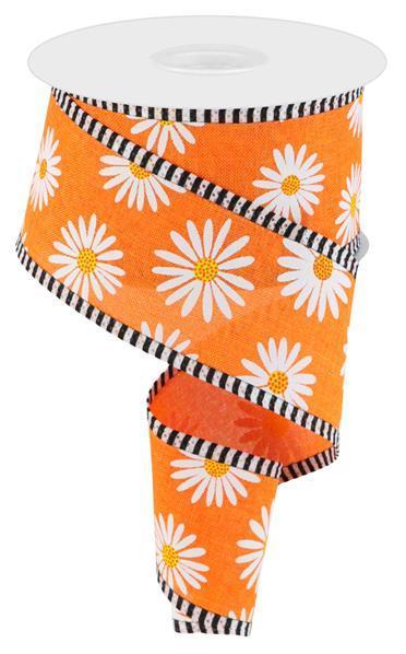 Orange - Daisy Flower Spring Wired Edge Ribbon - ( 2-1/2 Inch | 10 Yards ) BBCrafts.com