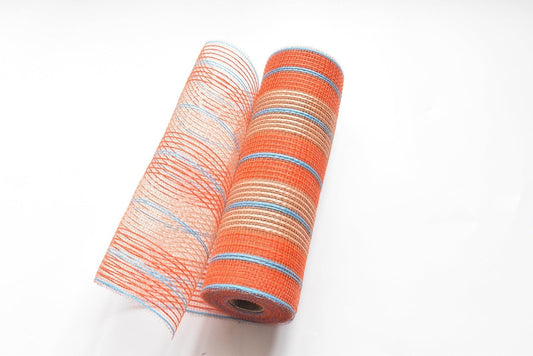 Orange with Blue Mist Stripes Deco Mesh - Holiday Floral Deco Mesh - ( 10 Inch x 10 Yards ) BBCrafts.com