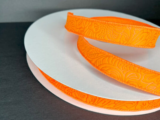 Orange Flower Embossed Wired Ribbon - 7/8 Inch x 50 Yards