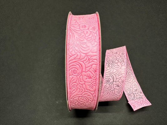 Pink Flower Embossed Wired Ribbon - 1-1/2 Inch x 50 Yards