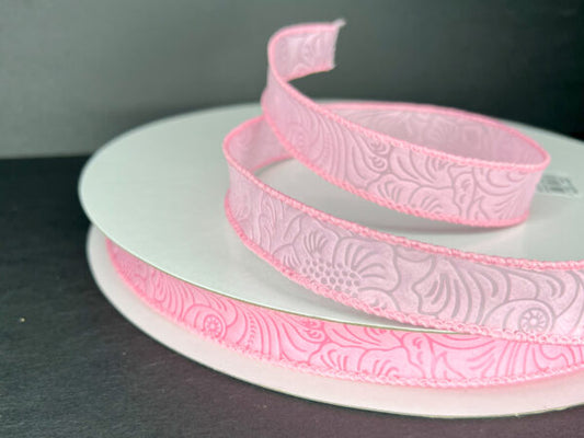 Pink Flower Embossed Wired Ribbon - 7/8 Inch x 50 Yards