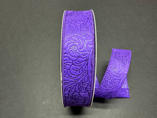 Purple Flower Embossed Wired Ribbon - 1-1/2 Inch x 50 Yards